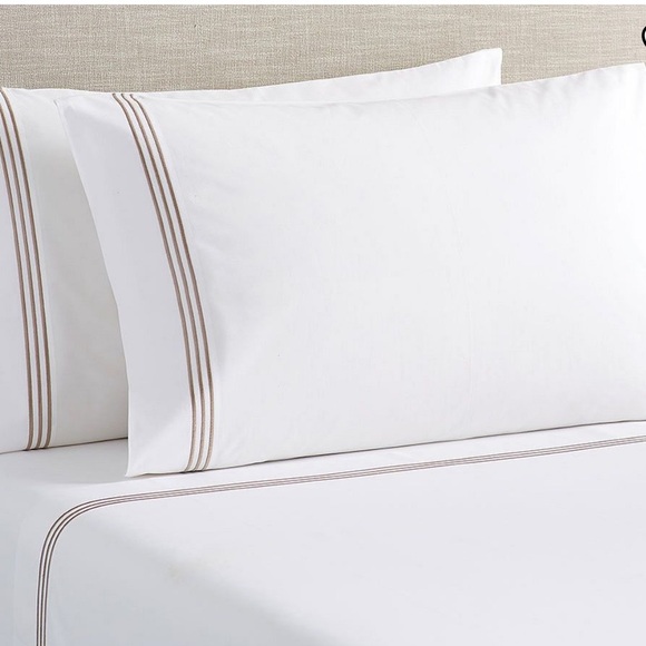 2 Pottery Barn White KING Pillowcases with Embroidered Silver Stripes - Picture 2 of 5